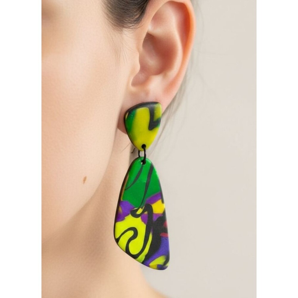 Yellow Green Purple Graphic Polymer Clay Colorful Dangle Earrings